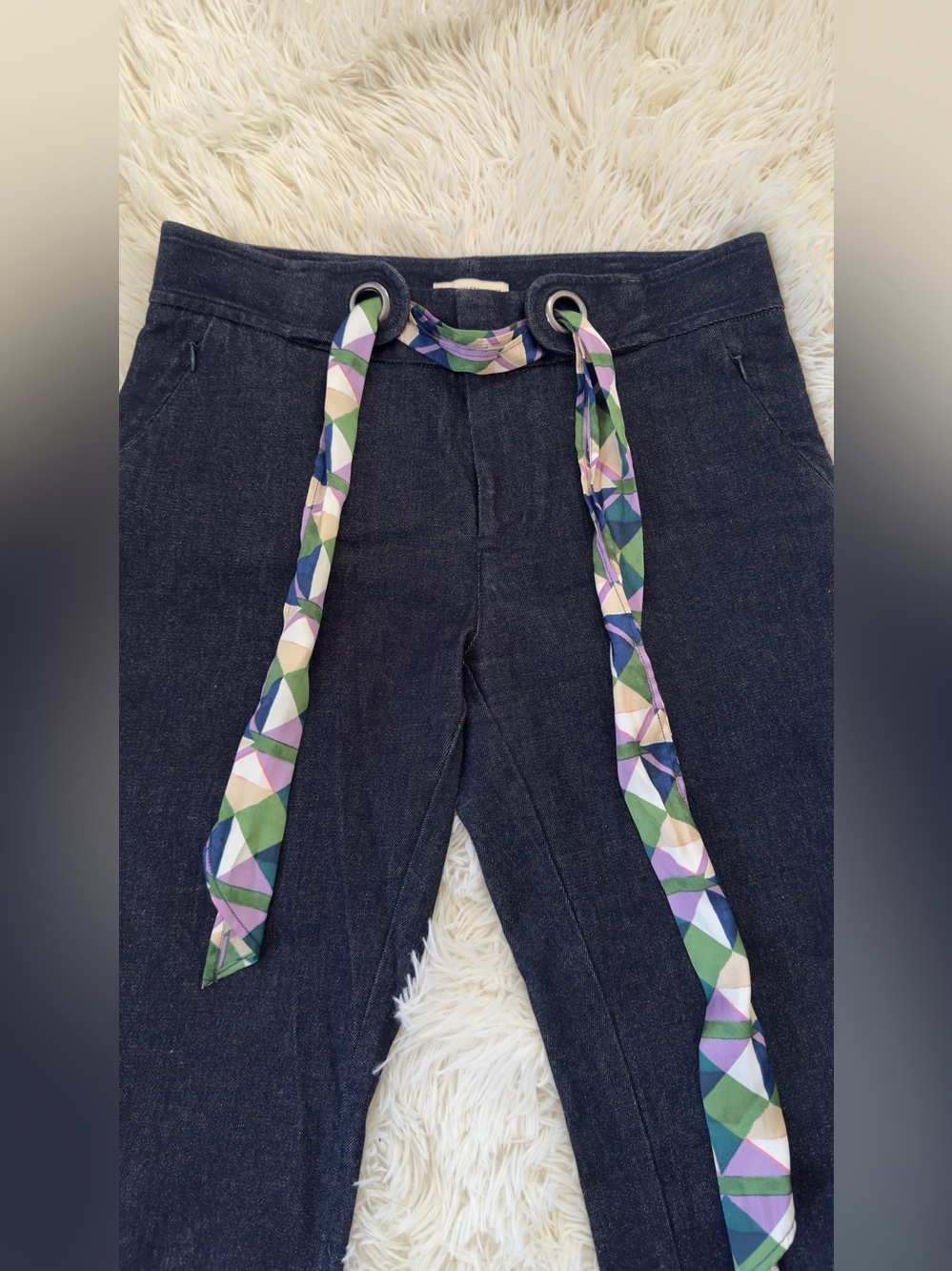 Anthropologie High-Rise Dark Indigo Jeans with Multicolor Geometric Tie - Picture 8 of 8